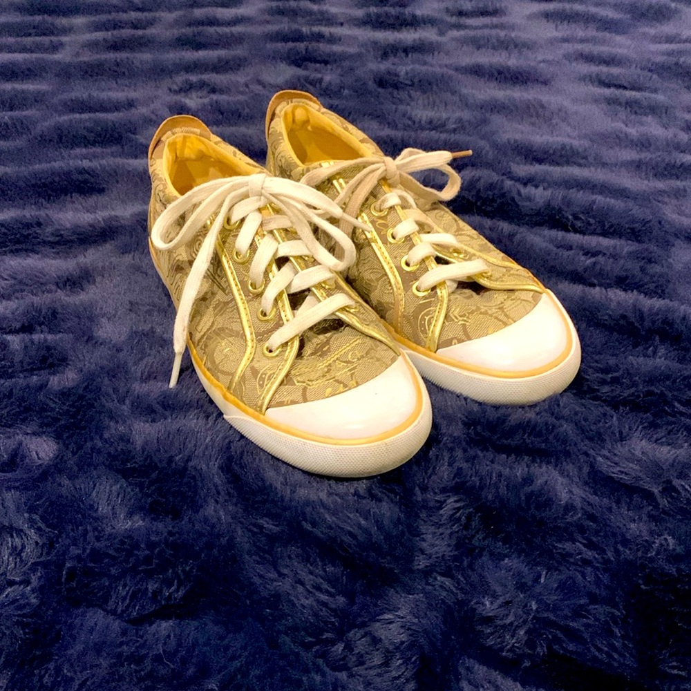 Coach shoes size 7.5, fits like 8. Gold, tan. Almost new condition.